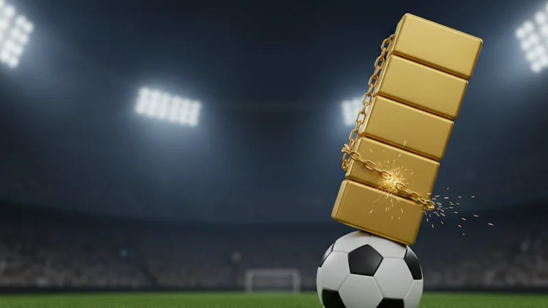Illustration for accumulator betting: a leaning stack of gold tiles chained together on a football, with one link snapping