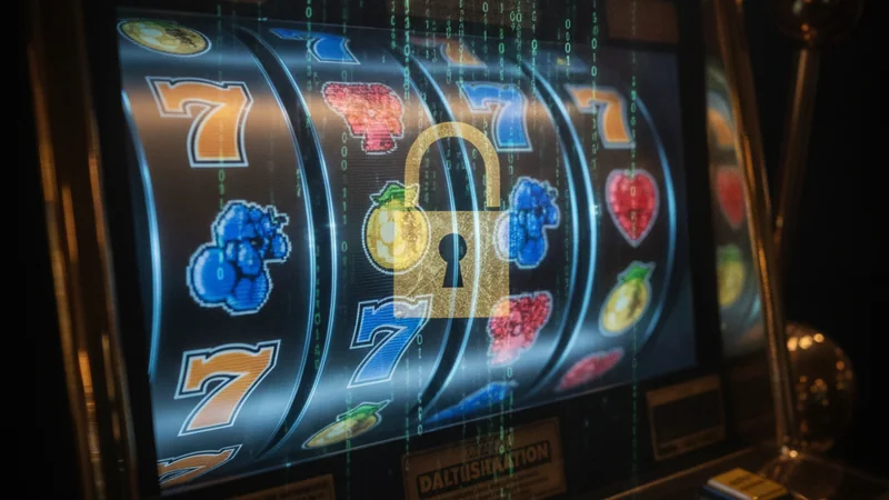 Illustration: digital slot reels mid-spin with binary code and a padlock motif