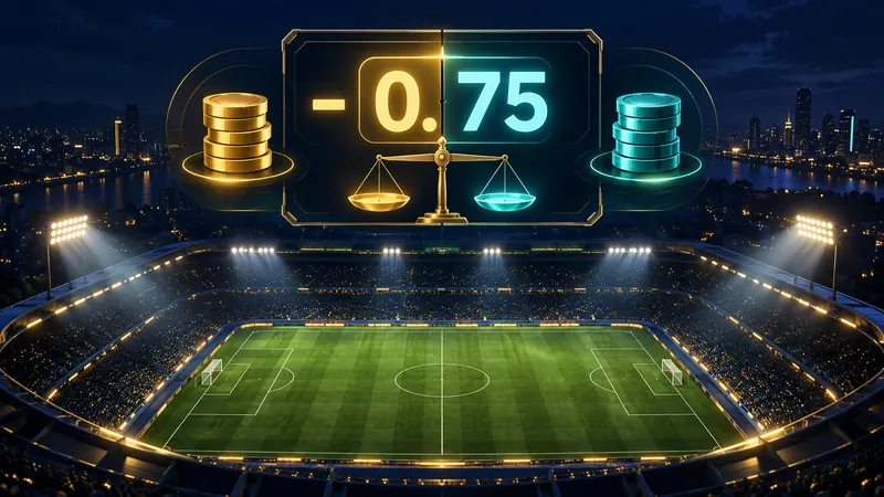 Illustration: floodlit football stadium at night below a scoreboard showing a -0.75 Asian handicap split across a balance scale