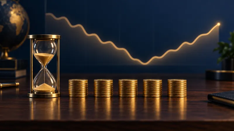 Illustration for bankroll management: five equal stacks of gold coins beside an hourglass, under a glowing line that dips and climbs