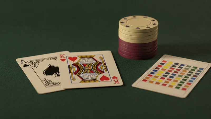 Illustration: an ace and king blackjack on green felt beside chips and a colour-coded strategy chart card
