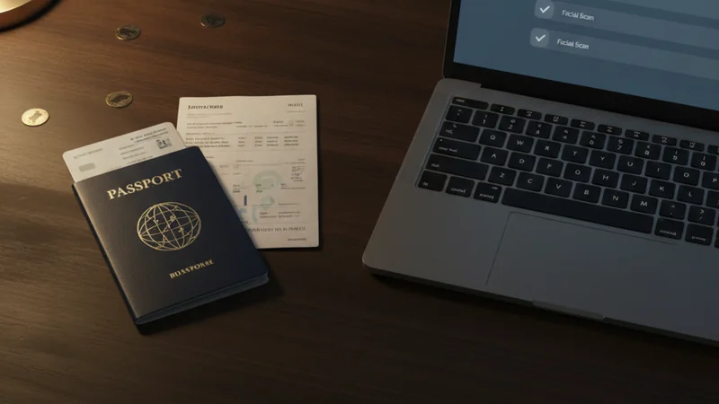 Illustration: identity documents and a passport beside a laptop showing a casino verification checklist