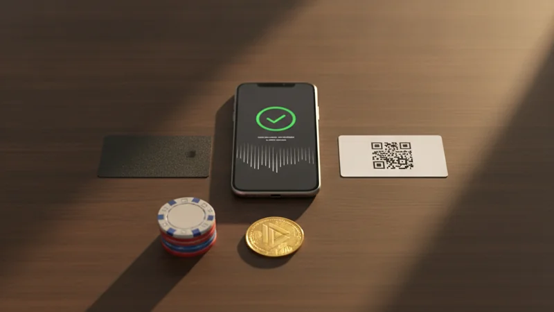 Illustration: a smartphone showing a payment confirmation beside a bank card, a QR code card, a gold crypto token and casino chips on a dark desk