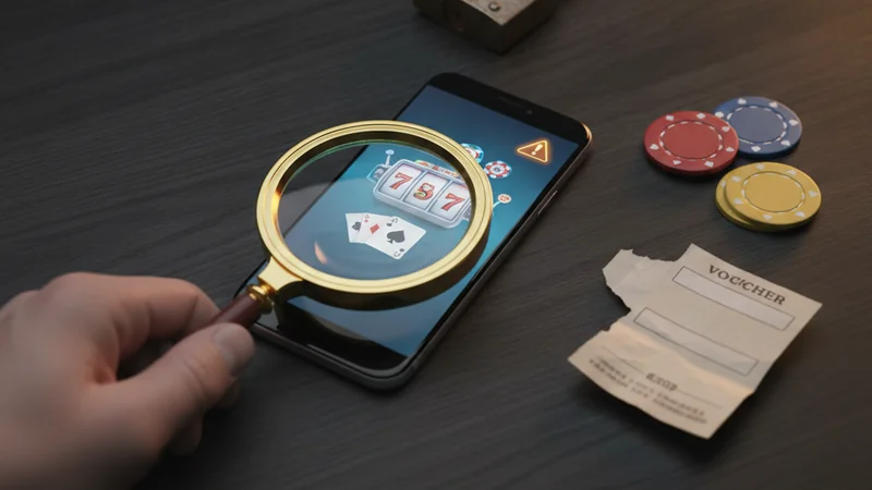 Illustration: a magnifying glass held over a smartphone showing a casino app with a warning triangle, beside casino chips, a torn voucher and a padlock on a dark desk