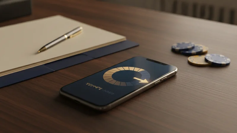 Illustration: a smartphone showing a stalled progress ring beside a document folder, a pen and casino chips on a dark desk