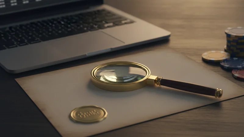 Illustration: a brass magnifying glass on a blank certificate with a gold seal, beside a laptop and casino chips on a dark desk