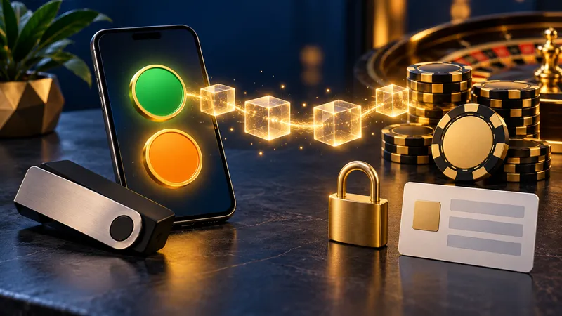 Illustration: a phone and hardware wallet sending a chain of glowing blocks to casino chips, beside a padlock and a blank ID card
