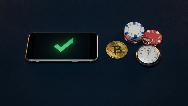 Illustration: a smartphone crypto wallet beside casino chips and a stopwatch on a dark table with gold light, representing instant crypto casino withdrawals