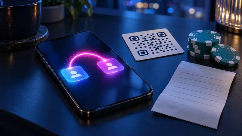 Illustration: a smartphone showing two account tiles joined by a glowing arc beside a QR-pattern card, casino chips and a blank bank receipt