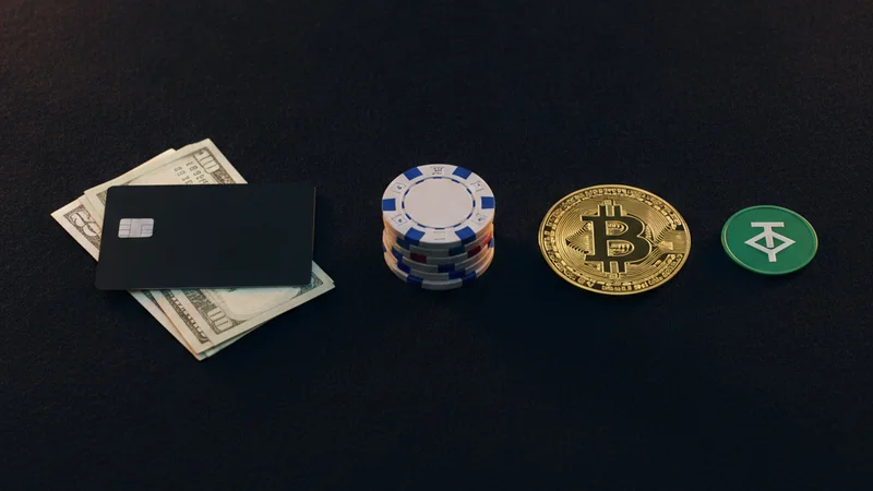 Illustration: a bank card and banknotes on one side, a Bitcoin coin and USDT token on the other, casino chips between them on a dark table with gold light