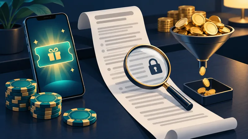 Illustration: a phone showing a glowing gift voucher beside a long terms scroll, a magnifying glass over a padlock and a funnel letting few coins through