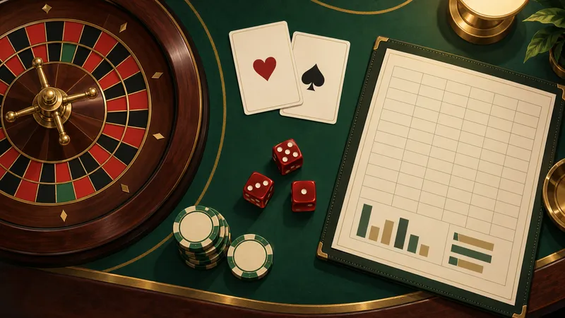 Illustration: green casino table seen from above with a roulette wheel, two cards, three dice, chips and a blank ledger with a bar chart