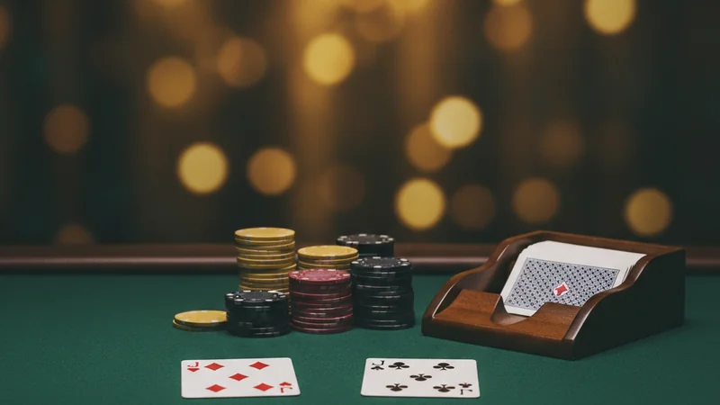 Illustration: baccarat table with Player and Banker cards face up, stacked chips and a card shoe under warm casino lighting