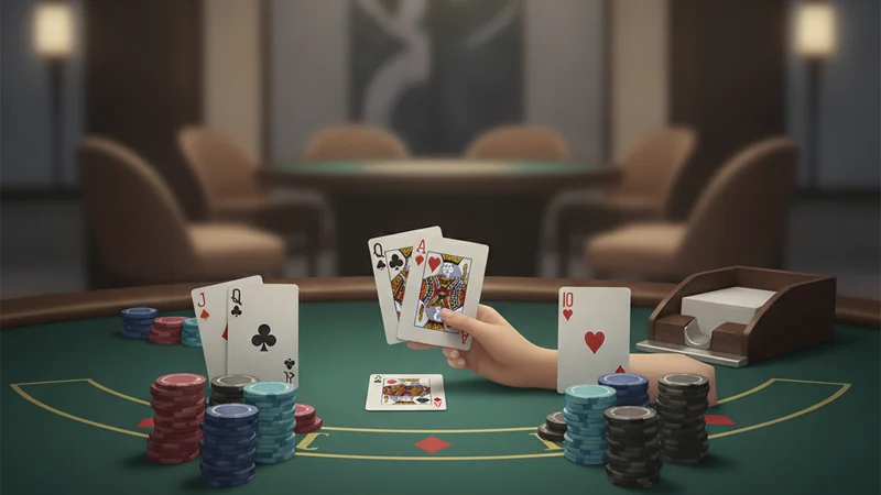 Illustration for how to play blackjack: a green felt table with dealt cards, chip stacks and a card shoe