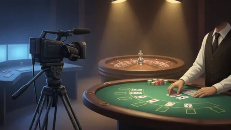 Illustration: live casino studio with a broadcast camera on a tripod facing a blackjack table, a dealer's hands and a roulette wheel