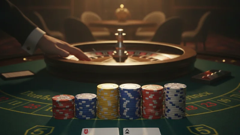 Illustration: blackjack table with chip stacks and cards, roulette wheel blurred behind