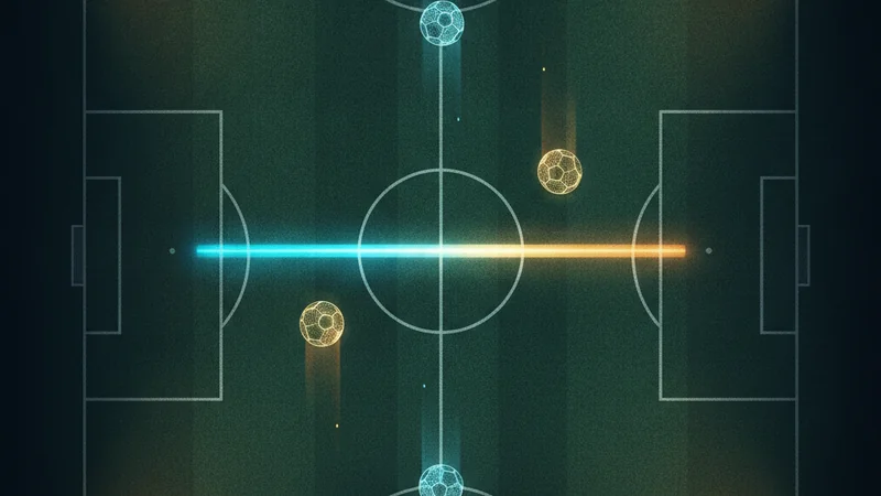 Illustration for over under betting: a glowing line across a football pitch at night, with footballs above and below it