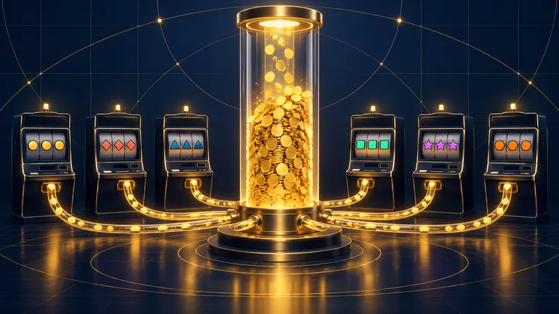 Illustration: a row of unbranded slot machines feeding streams of gold coins into one tall glass jackpot column