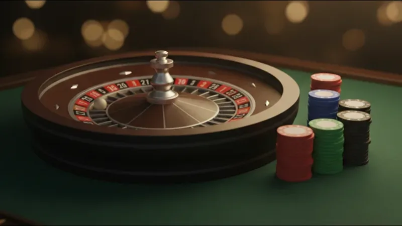 Illustration: a single-zero roulette wheel spinning on green baize beside stacks of plain casino chips
