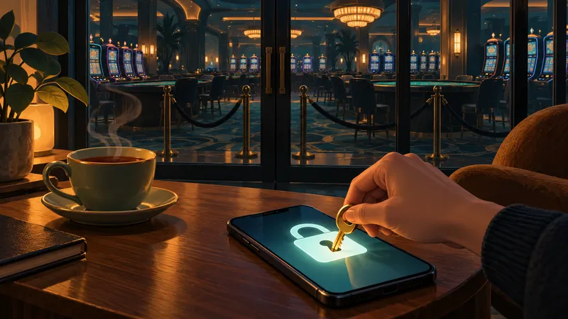 Illustration: a hand turning a key in a glowing padlock on a phone, with a roped-off casino floor behind a glass door