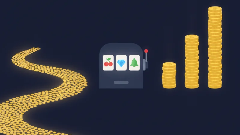 Illustration: a slot machine between a long, even trail of small gold coins and a few tall, widely spaced coin stacks