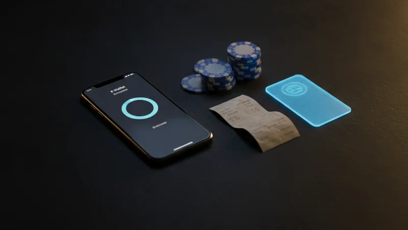 Illustration: a smartphone showing an e-wallet balance ring beside stacked casino chips, a paper receipt and a glowing blue payment card on a dark desk