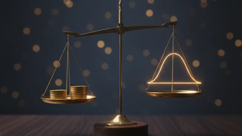 Illustration for value betting: a brass balance weighing stacked gold coins against a glowing probability curve
