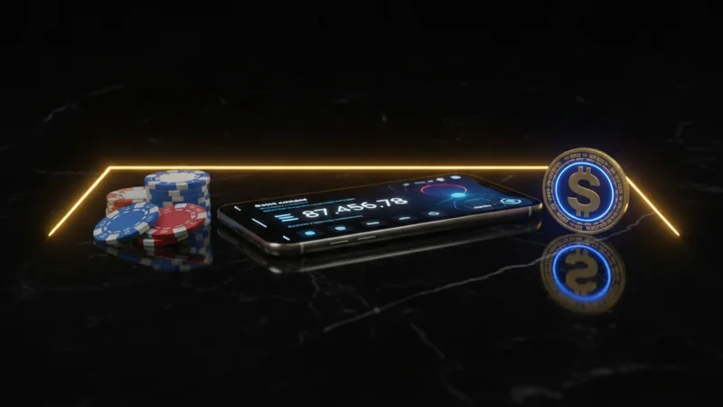 Illustration: a smartphone crypto wallet beside casino chips and a stablecoin token, dark background with gold light