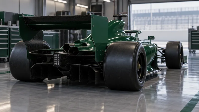 Illustration: an unbranded dark green F1-style car in a pit garage, seen from behind with blank rear wing end plates