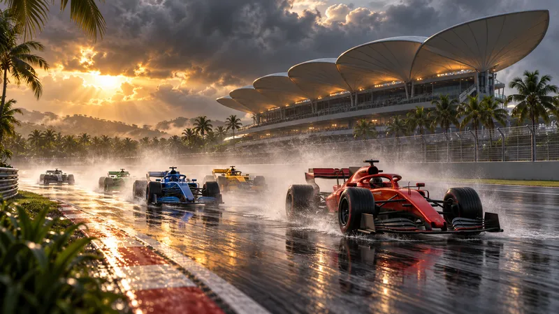 Illustration: unbranded F1 cars throwing up spray on a wet tropical circuit beneath a leaf-roofed grandstand