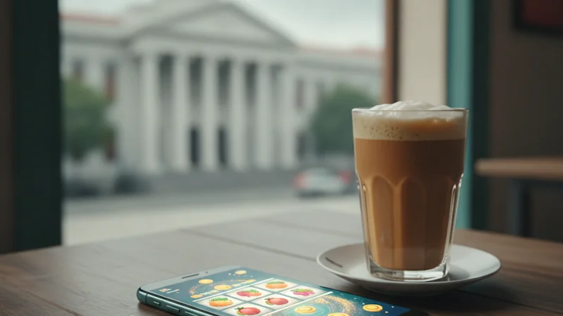 Illustration: a smartphone showing slot reels on a kopitiam table beside a glass of teh tarik, with a courthouse behind