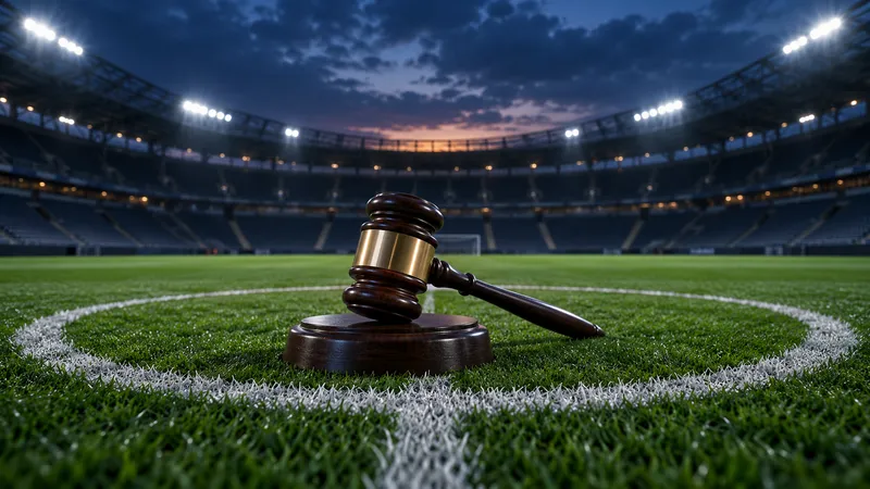 Illustration: a wooden judge's gavel on the centre circle of an empty floodlit football stadium at dusk