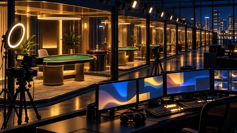 Illustration: a row of glass-walled live dealer studio booths with card tables and a roulette wheel, cameras and a control desk of monitors