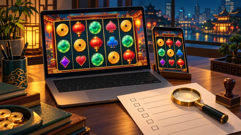 Illustration: a laptop and phone showing a slot grid of gold coins, red lanterns and jade gems beside a checklist and a magnifying glass