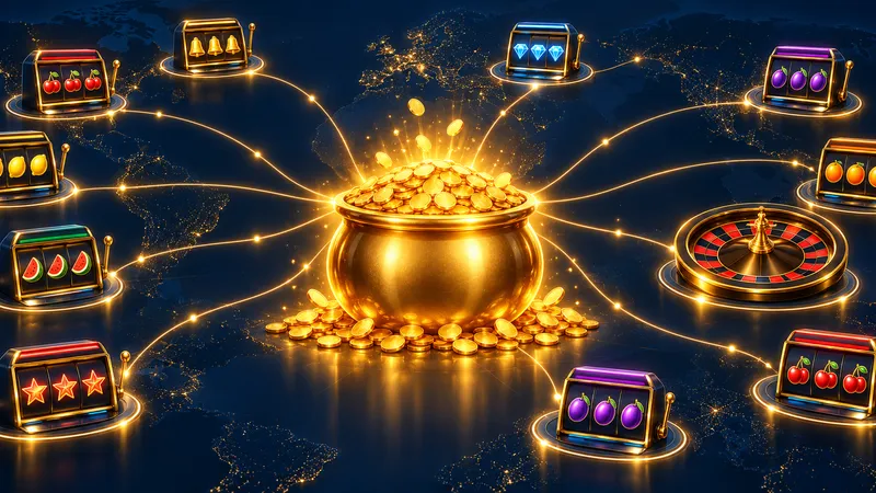 Illustration: slot machines and a roulette wheel on a night-time world map, linked by gold lines to one central pot of coins
