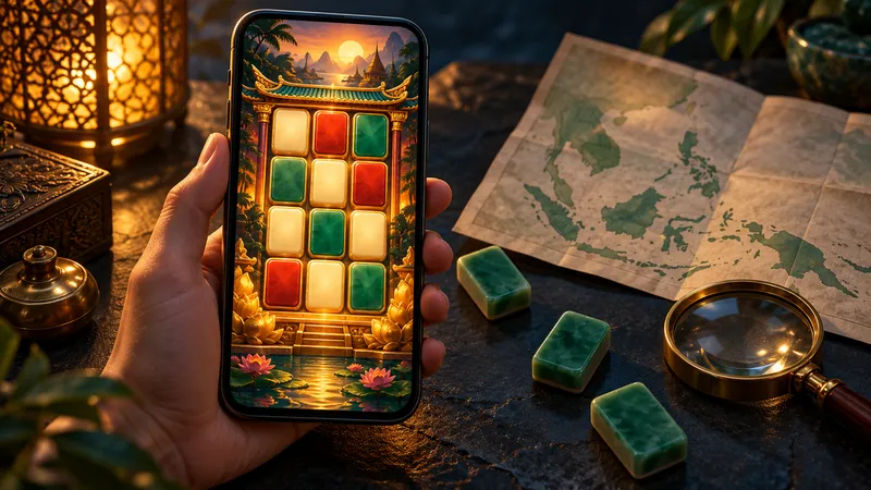 Illustration: a hand holding a phone with a slot grid of jade, red and ivory tiles beside a map of Southeast Asia and a magnifying glass