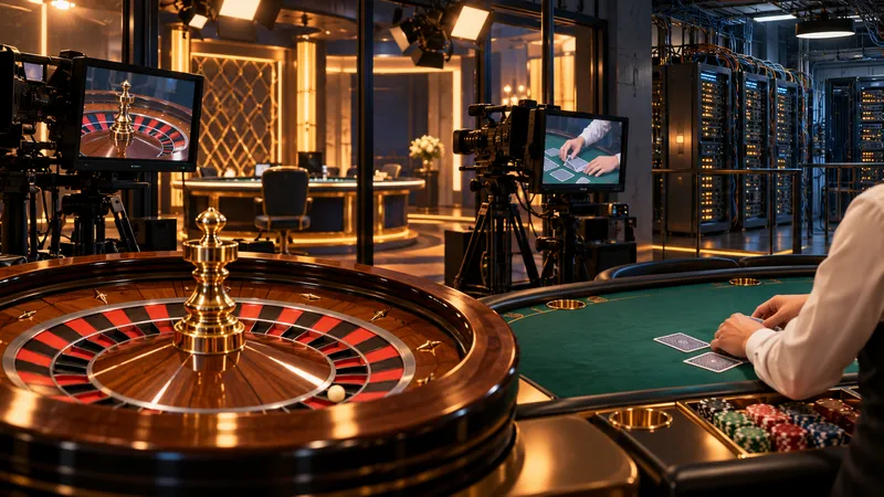 Illustration: a roulette wheel and a card table in a live casino studio, with cameras, monitors and rows of server racks behind glass