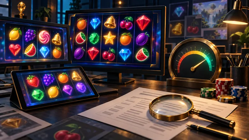 Illustration: a dark studio workbench with glowing screens of colourful slot reels, a gauge dial and a magnifying glass over a game-rules sheet