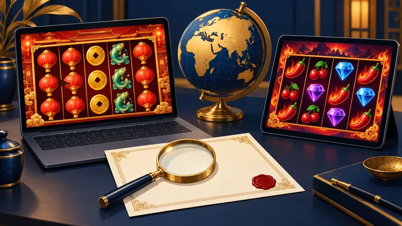 Illustration: a laptop and tablet showing two slot reel grids beside a magnifying glass over a sealed certificate and a globe