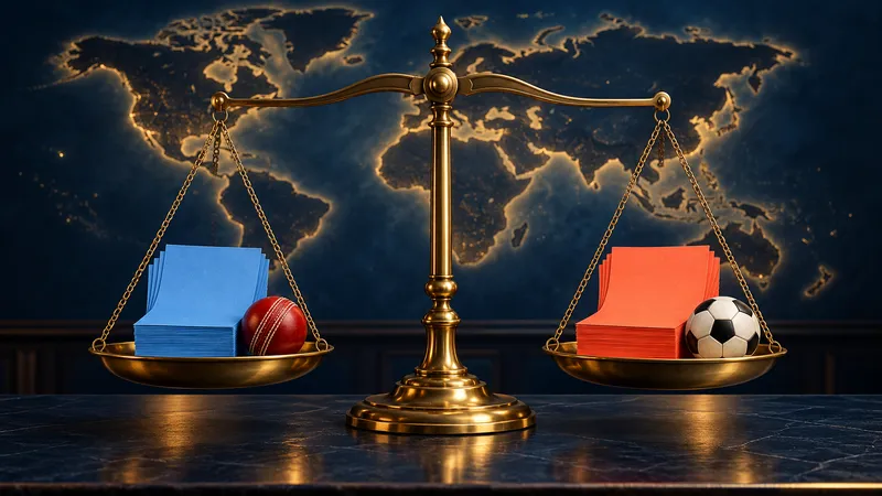 Illustration: a brass balance scale on a dark desk, blue betting slips and a cricket ball on one pan, red slips and a football on the other
