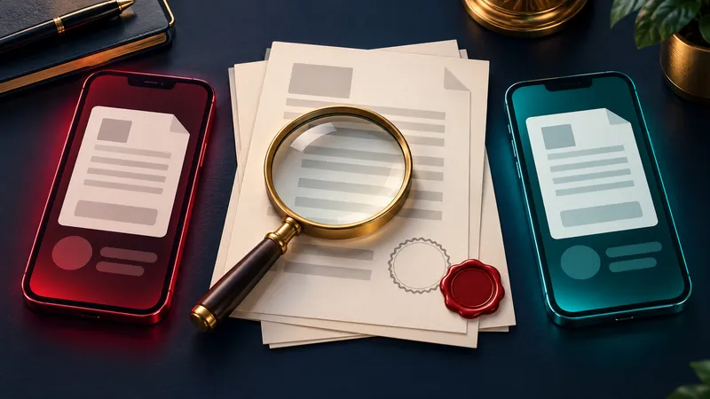 Illustration: two smartphones on a dark desk, one red and one teal, with a magnifying glass resting on blank documents and a red wax seal between them