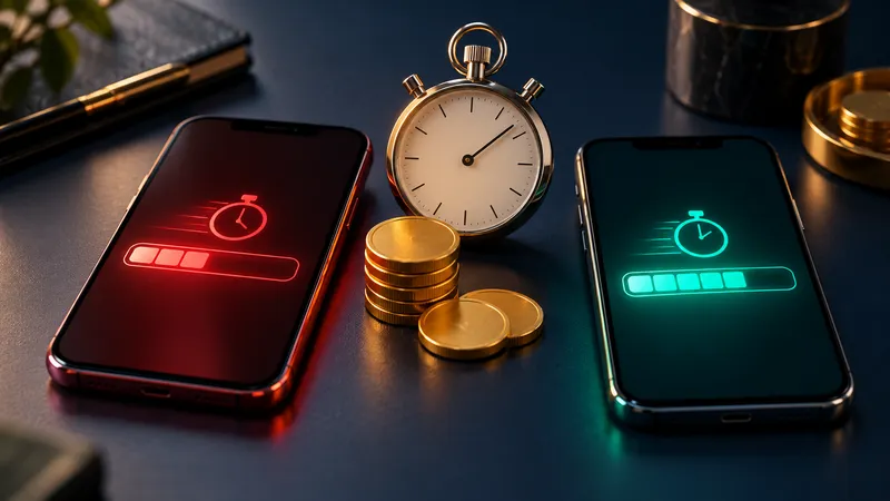 Illustration: two smartphones on a dark desk showing withdrawal progress bars, one red and one teal, with gold coins and a stopwatch between them
