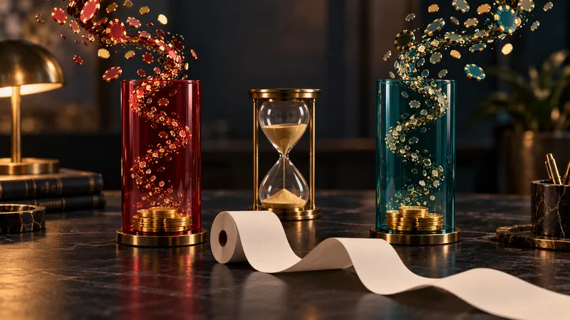 Illustration: a red and a teal glass cylinder on a dark desk, gold coins at the base spiralling away as chips, with an hourglass between them