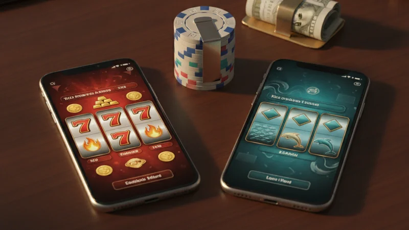 Illustration: two smartphones side by side showing different slot-reel games, one in red and gold and one in teal and gold, with casino chips between them on a dark desk