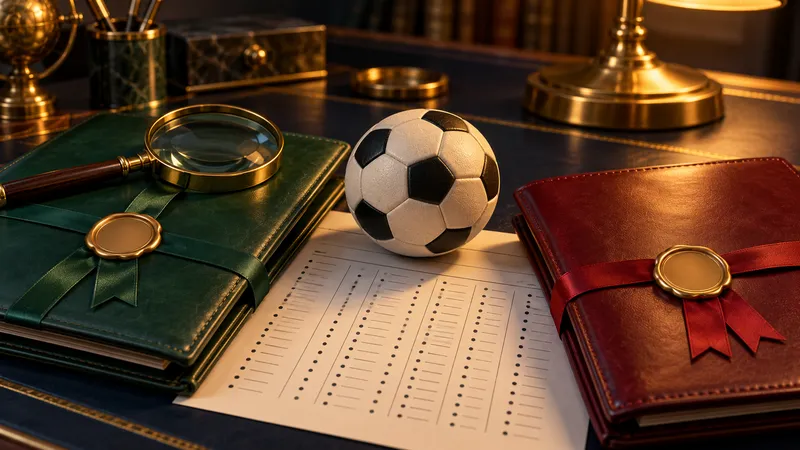 Illustration: a green folder and a red folder sealed with blank gold seals on a dark desk, a football and a magnifying glass between them
